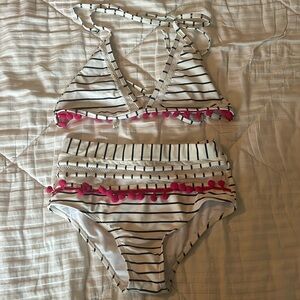 White with navy stripes and adorable pink Pom poms.